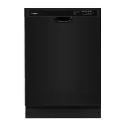 Silver dishwasher with door open, revealing interior racks.