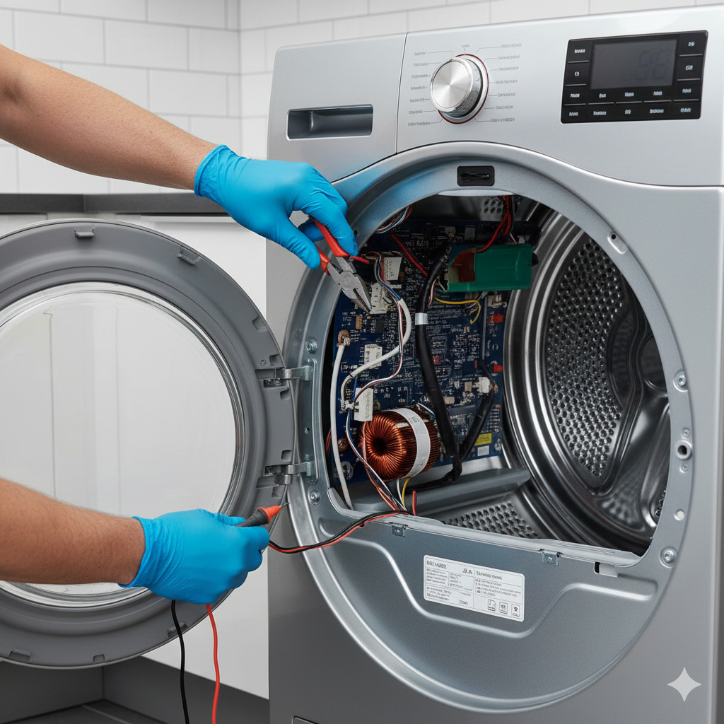 Person in blue gloves using a multimeter to inspect the interior of a dryer.