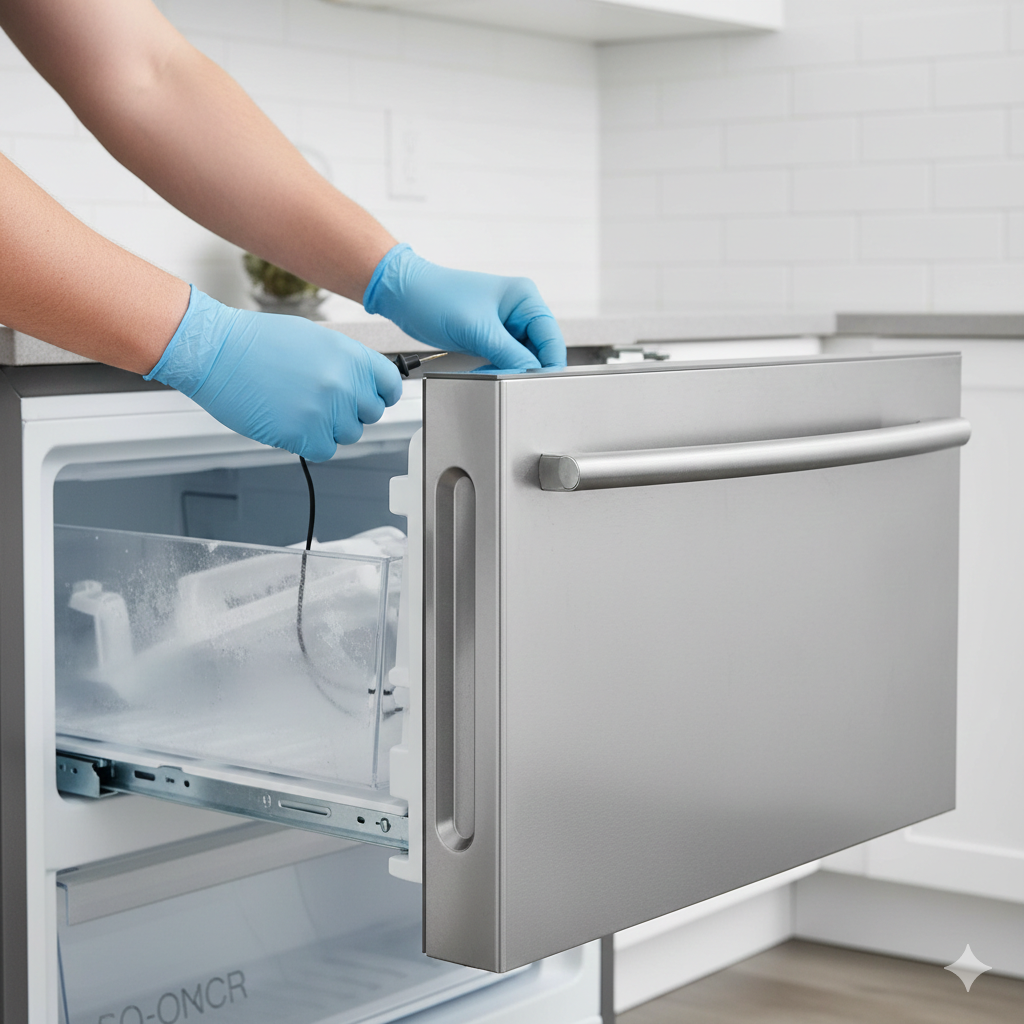 Person wearing blue gloves opening stainless steel freezer drawer.