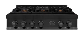 Gas stovetop with five burners and silver finish. Knobs at the bottom.