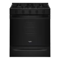 Stainless steel gas range with four burners, oven, and control knobs.