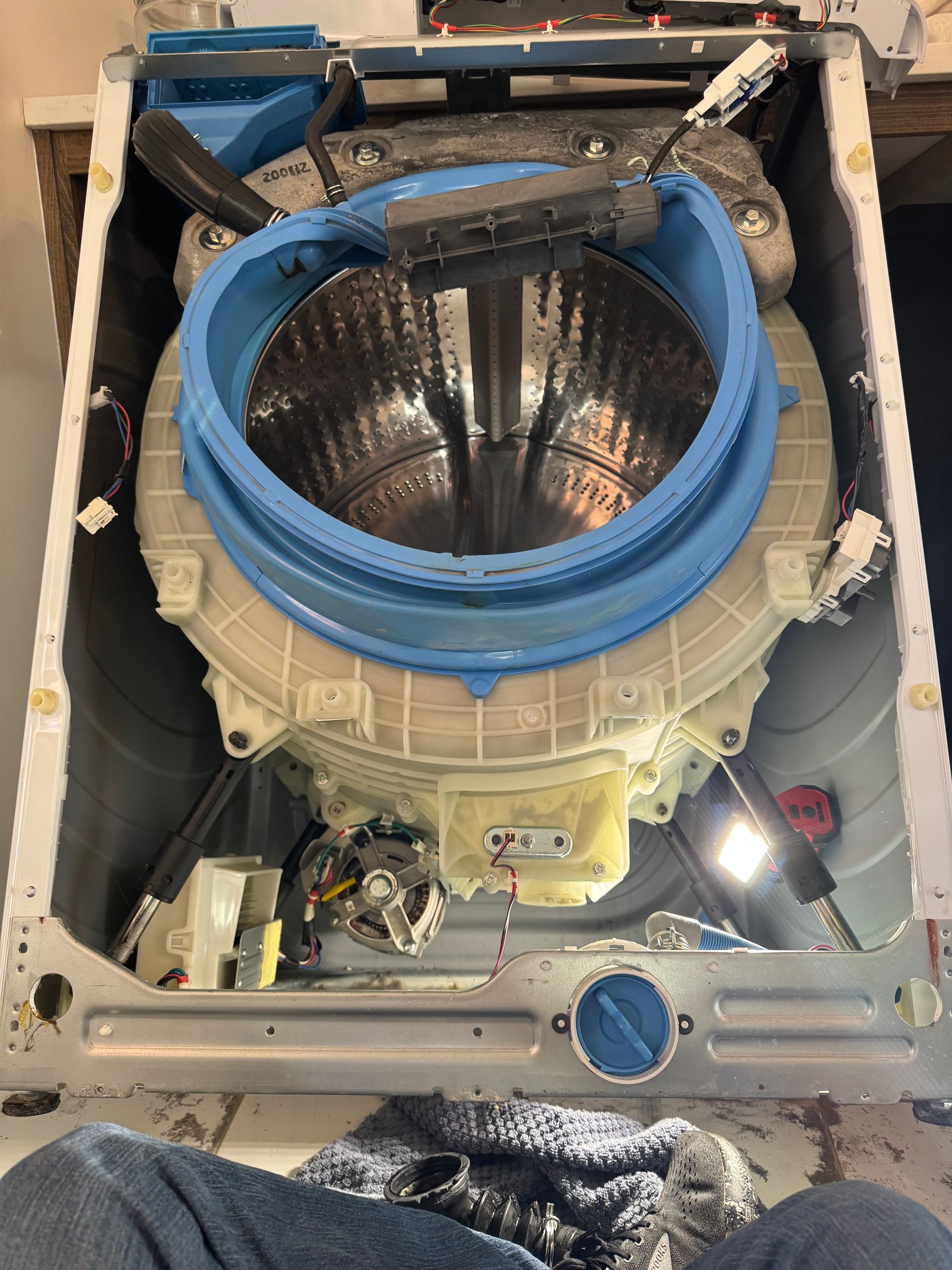 Open washing machine interior; blue rubber seal surrounds the drum. Machine components visible.