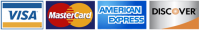 Visa, MasterCard, American Express, and Discover payment card logos on a white background