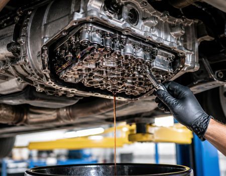 Mechanic draining oil from a car transmission pan into a black container in a garage