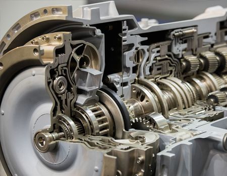 Cutaway view of a mechanical transmission with exposed gears, shafts, and a large wheel on the left.