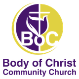 Body of Christ Community Church logo: purple and yellow circle with cross and