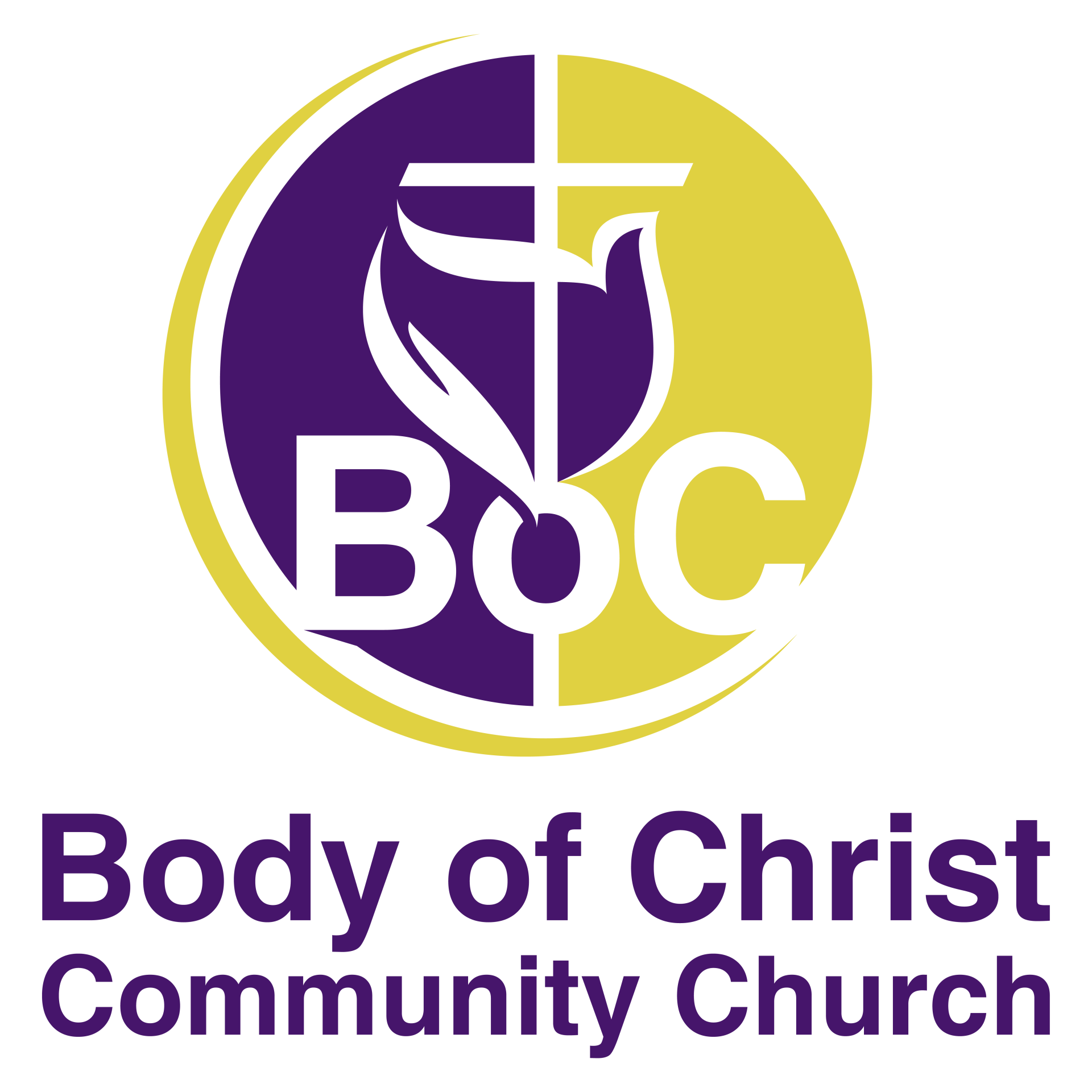 Body of Christ Community Church logo: purple and yellow circle with cross and