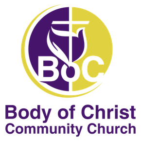 Body of Christ Community Church logo: purple and yellow circle with cross and