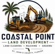 Coastal Point Land Development logo with bulldozers, excavator, palm trees, and forest scene in St. John's County, Florida