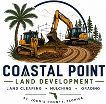 Coastal Point Land Development logo with bulldozers, excavator, palm trees, and forest scene in St. John's County, Florida