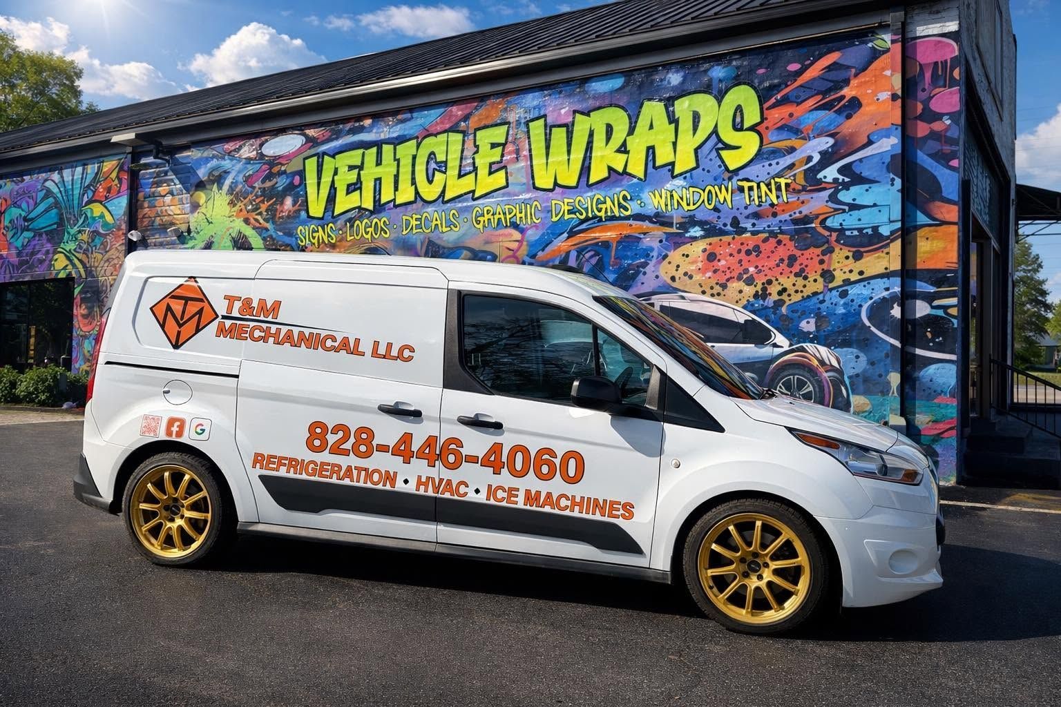 White service van with orange logo parked before a colorful 