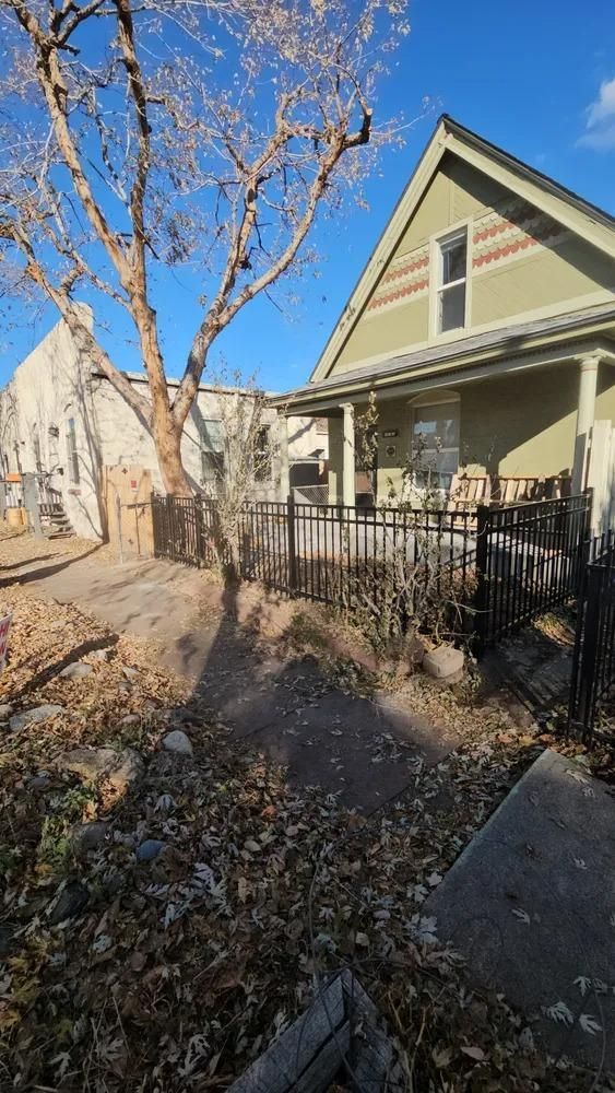 A house with a porch and a bare tree. Metal fence and dry leaves in front. 