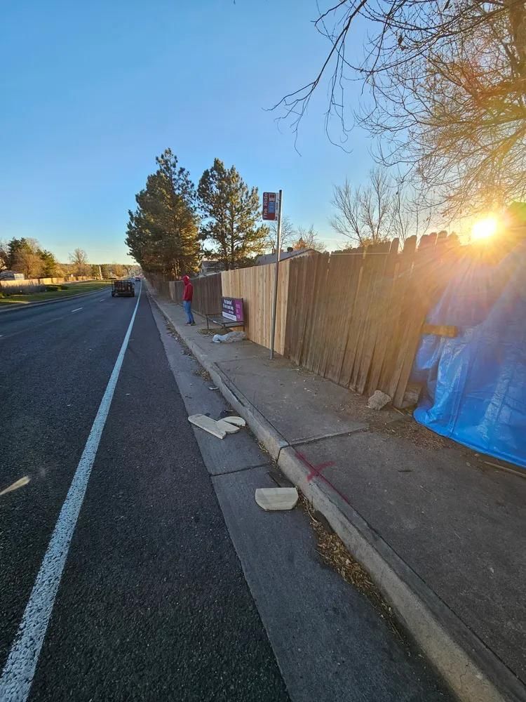 Roadside scene with a person standing by a fence; bright sunlight.