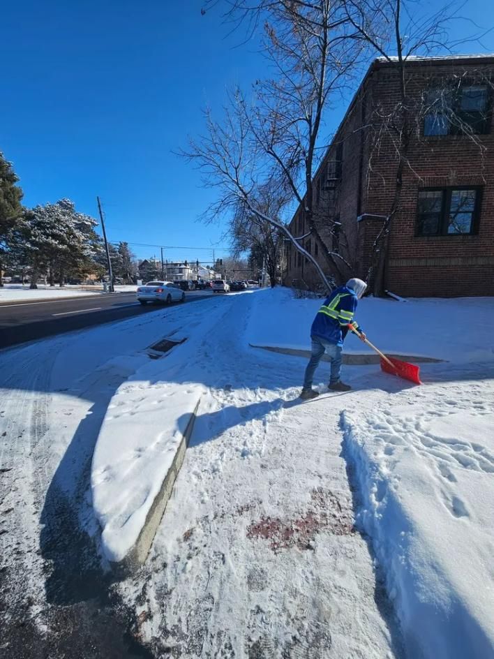 Person shoveling snow from a sidewalk on a sunny day. 