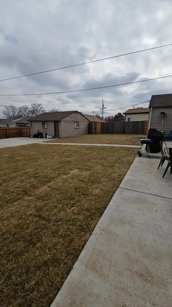 Backyard with brown grass, concrete patio, and a cloudy sky. 