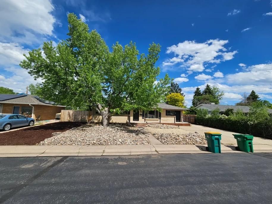 A single-story house with a large tree in front. 