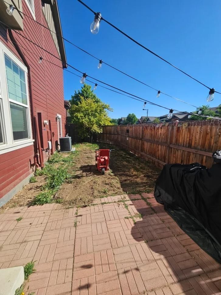 A backyard with a red brick patio, dirt, a wooden fence, and a red toy wagon under string lights against a blue sky.