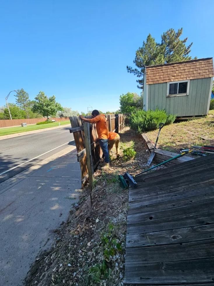 Person repairing a wooden fence next to a road, shed visible, sunny day.