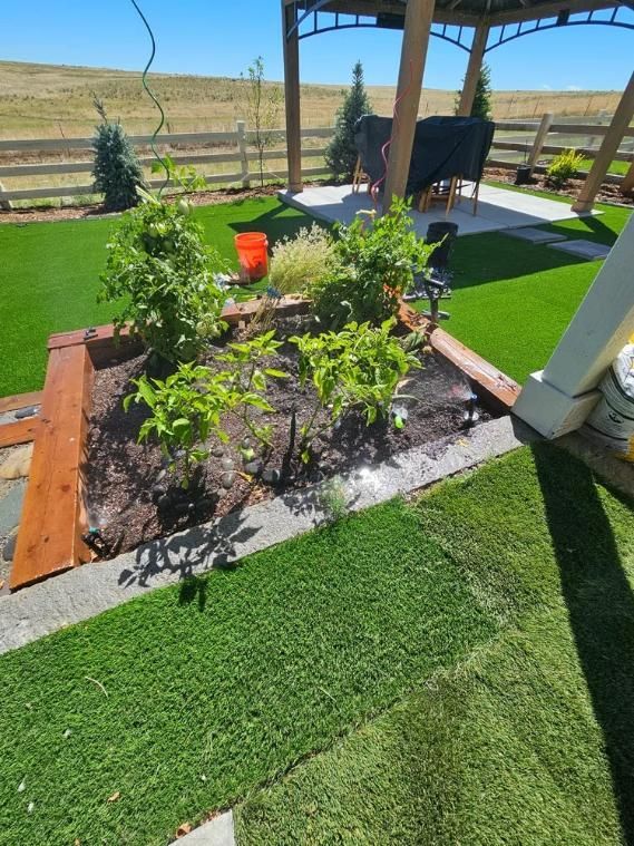 Raised garden bed with green plants, next to artificial turf lawn under a pergola.