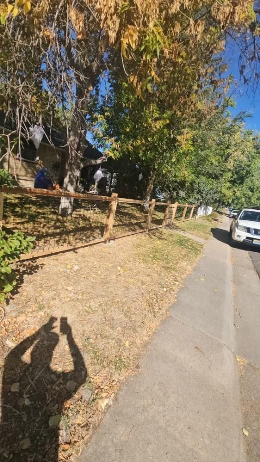A wooden fence lines a sidewalk next to a house with trees; a person's shadow holding a phone is in the foreground.