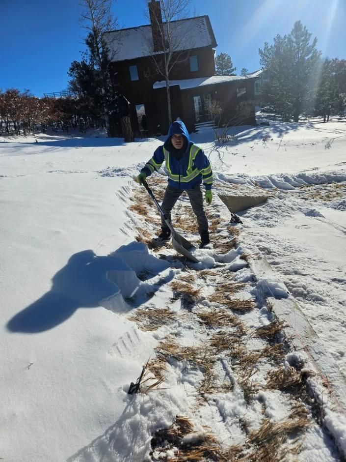 Person shovels snow from a path in front of a house on a sunny winter day.