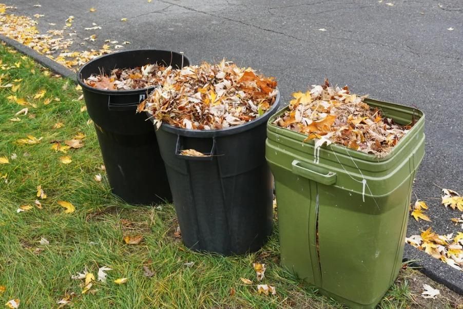 Three trash cans overflowing with fallen autumn leaves on a grassy lawn beside a paved road.