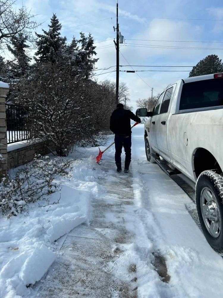 Person shovels snow from a path in front of a house on a sunny winter day.