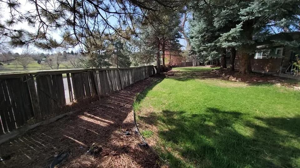 Wooden fence borders grass and a forest, with a lake visible in the background on a sunny day.
