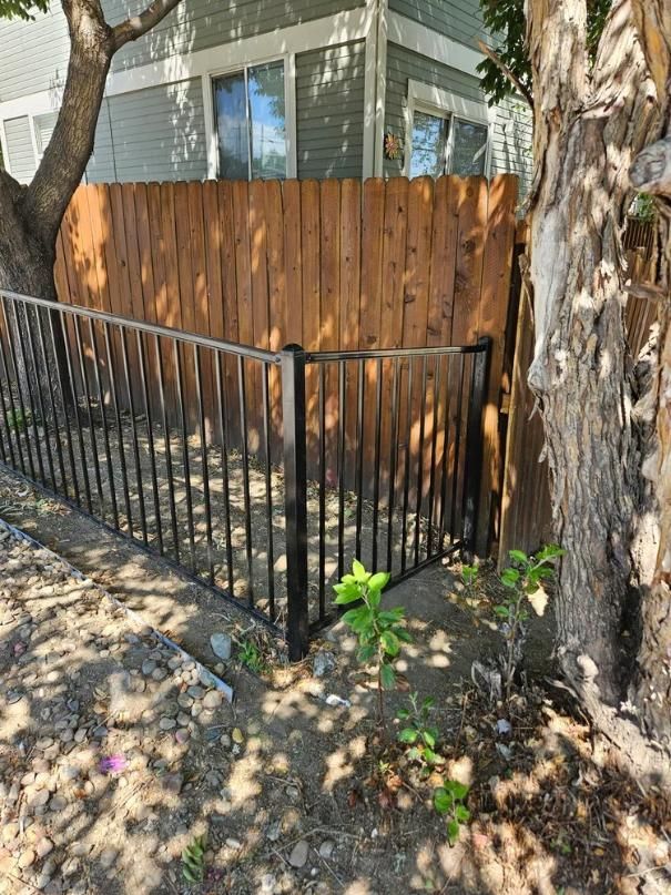 A black metal fence and a wooden fence enclose a corner next to a tree and a building.
