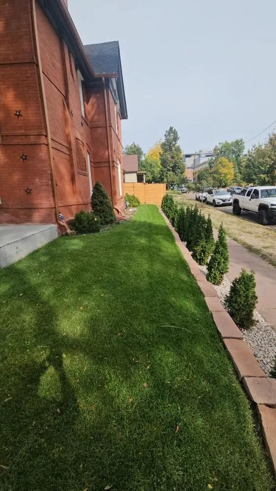 Red brick building next to a manicured lawn with small trees. 