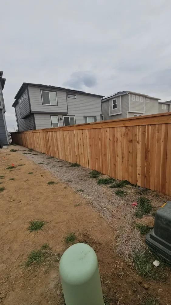 Wooden fence in a backyard, beige dirt, gray houses and sky.