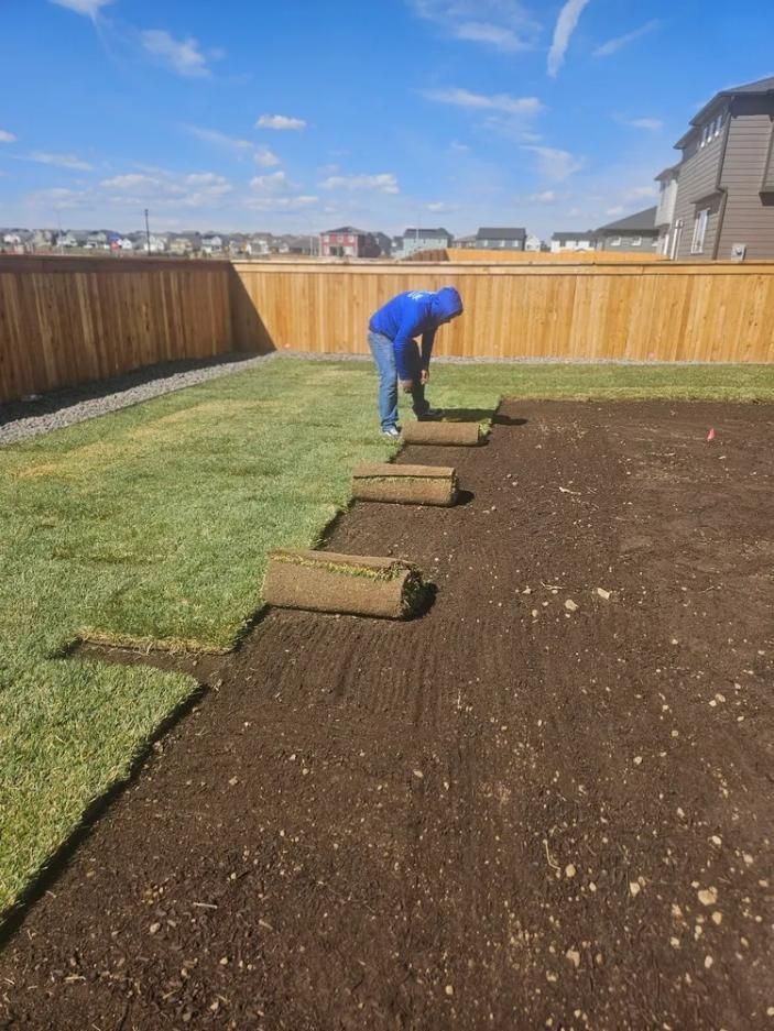 Person laying sod in a yard with a wooden fence. 