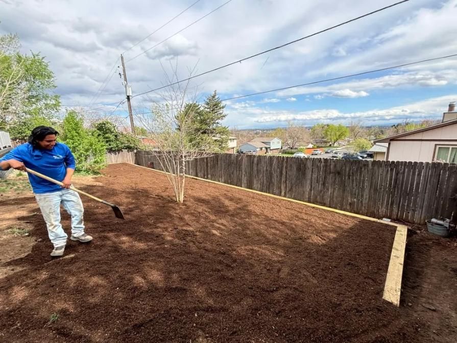 Man raking mulch in a backyard, brown mulch covering the ground, wooden fence and cloudy sky in background.