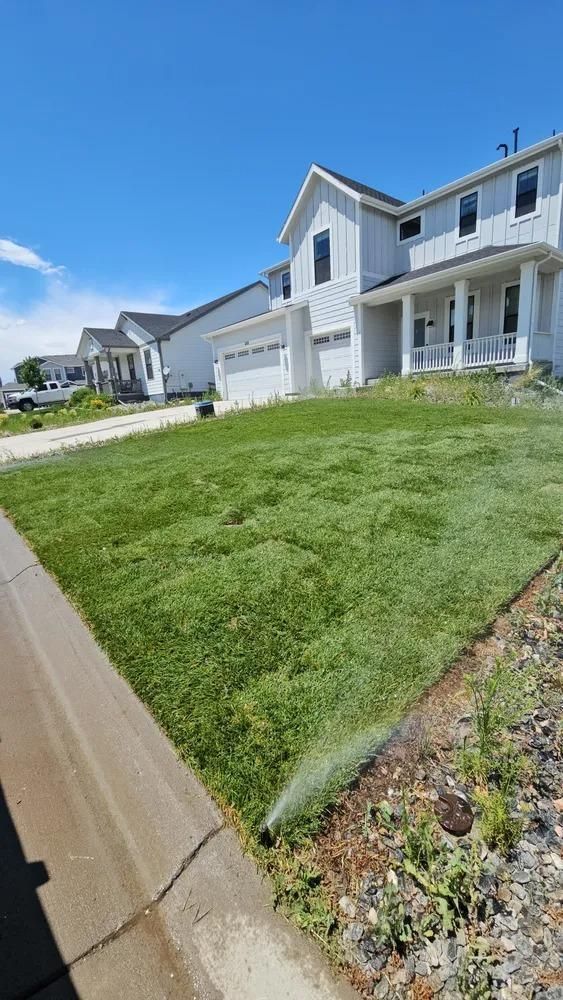 Green lawn with sprinkler watering in front of a light gray two-story house with a blue sky.
