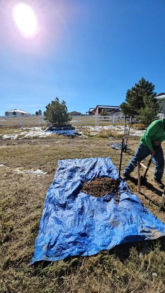 Person digging in a yard, soil on blue tarp, sunny day.