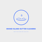 A blue and white Grand Island gutter cleaning website logo.