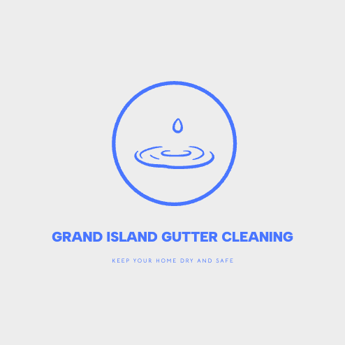 A blue and white Grand Island gutter cleaning website logo. 