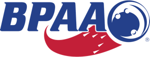 A blue and red logo for bpaa with a circle in the middle
