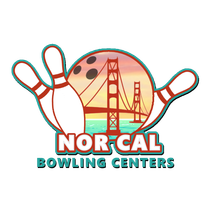 The nor cal bowling centers logo shows a bowling ball and pins with the golden gate bridge in the background.
