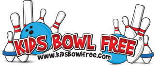 A logo for kids bowl free with bowling pins and a bowling ball.