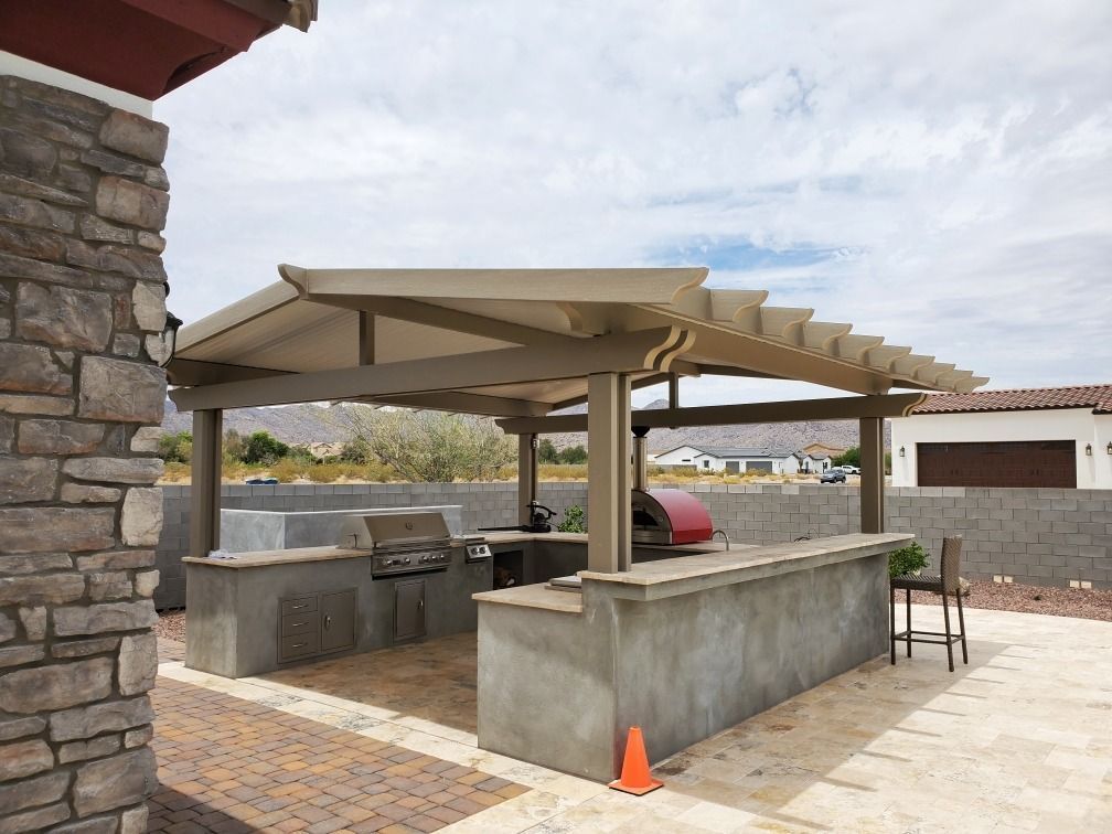 Gold Canyon patio refined with luxury awnings by top patio builder Southwest Patio.
