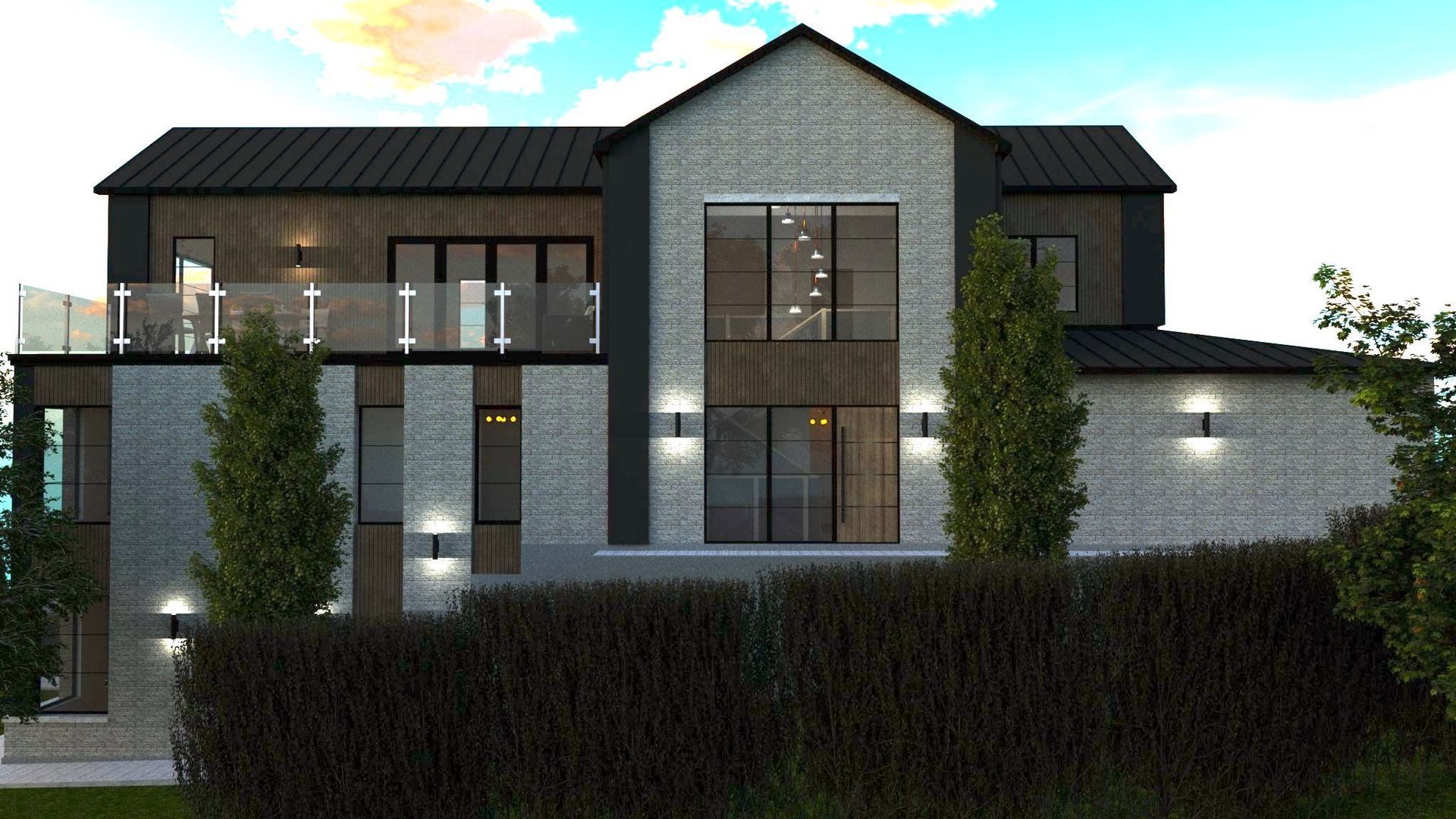 An artist 's impression of a large house with a black roof