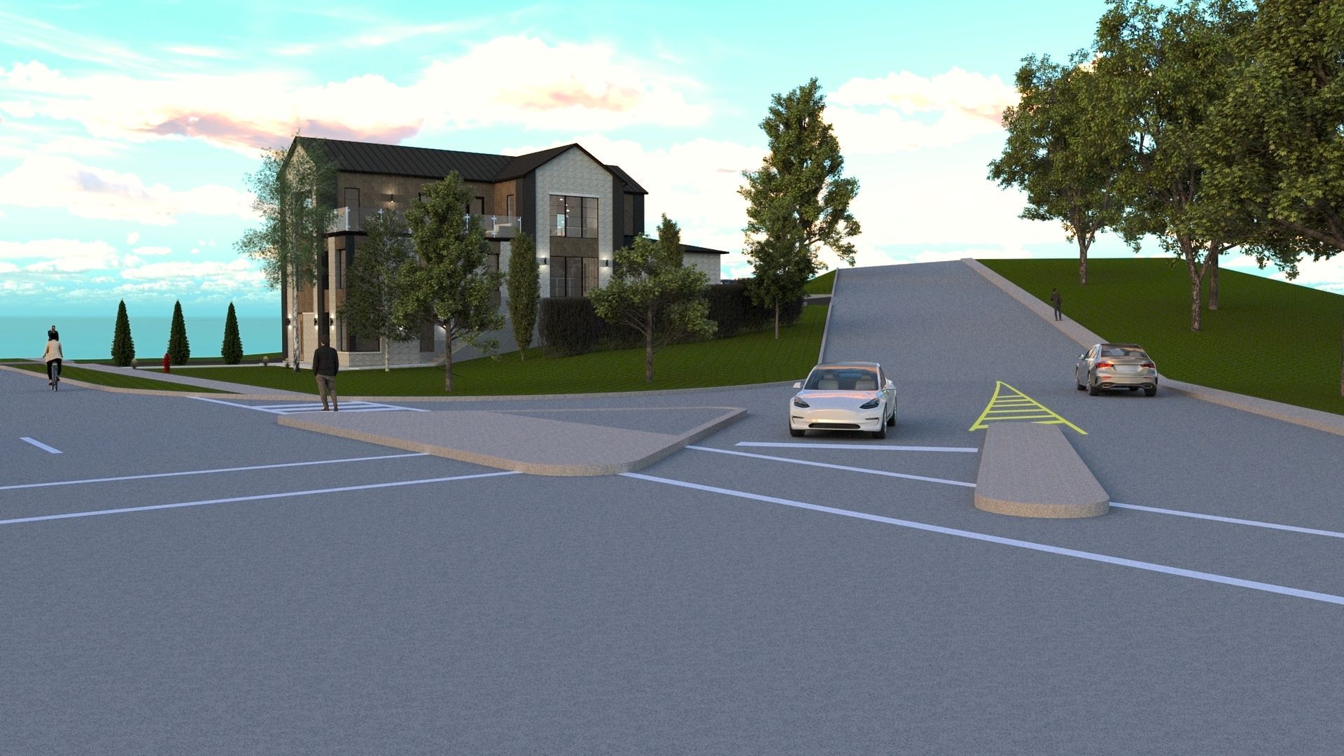 A car is driving down a road next to a building.