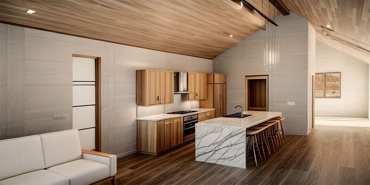 A living room with a couch and a kitchen with a large island.