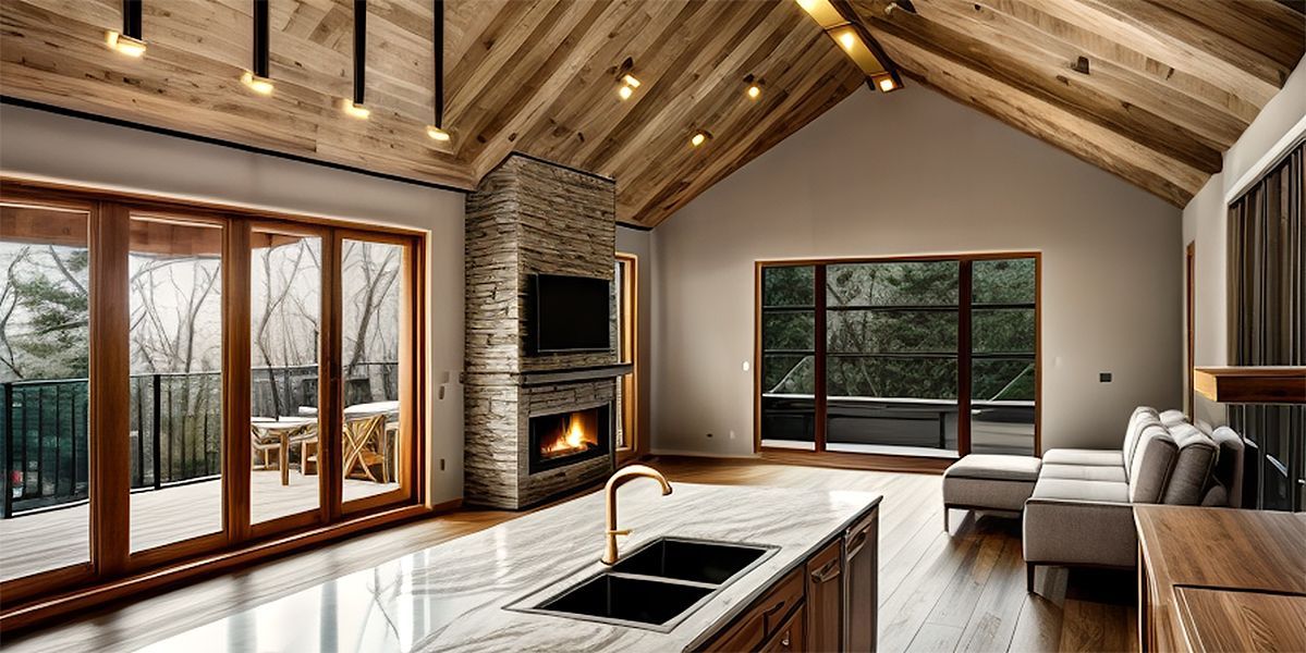 A kitchen with a sink and a fireplace in a living room.