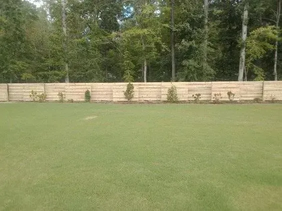 Grassy lawn bordered by a wooden fence, with trees in the background.