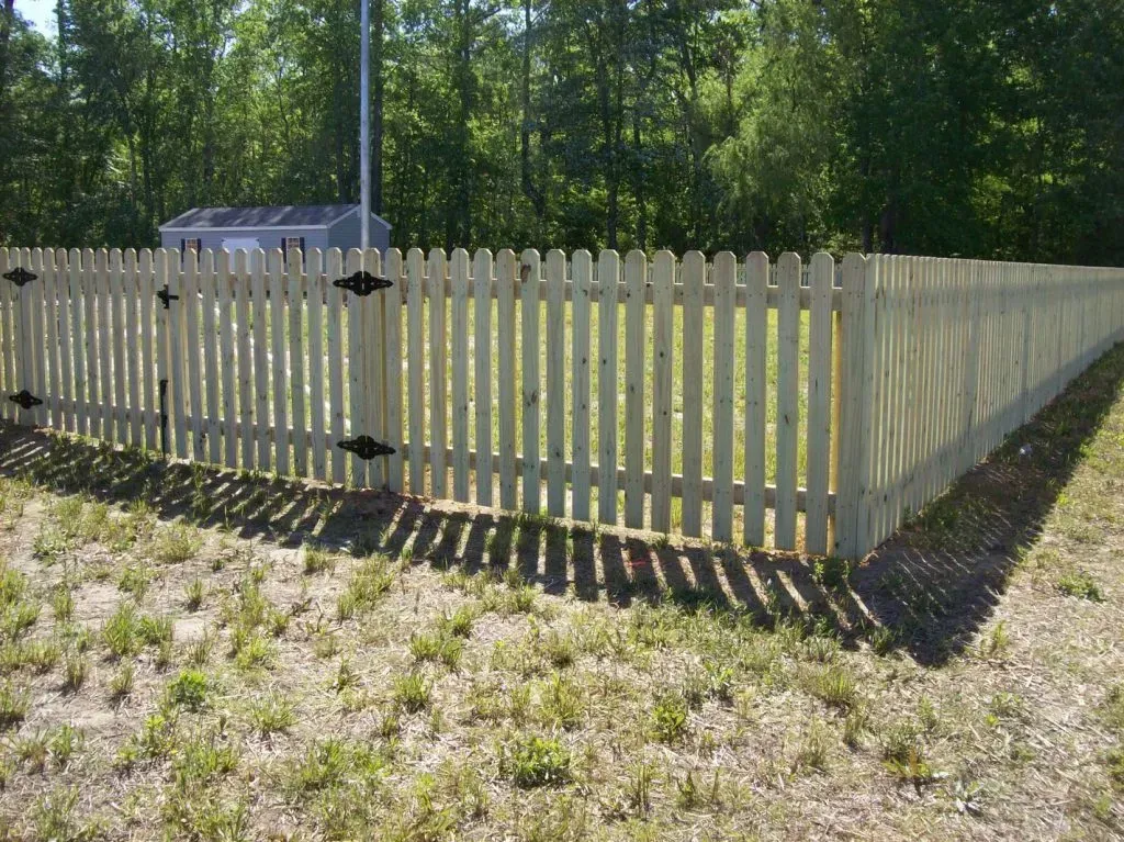 White picket fence around a yard beside a wooded area in daylight