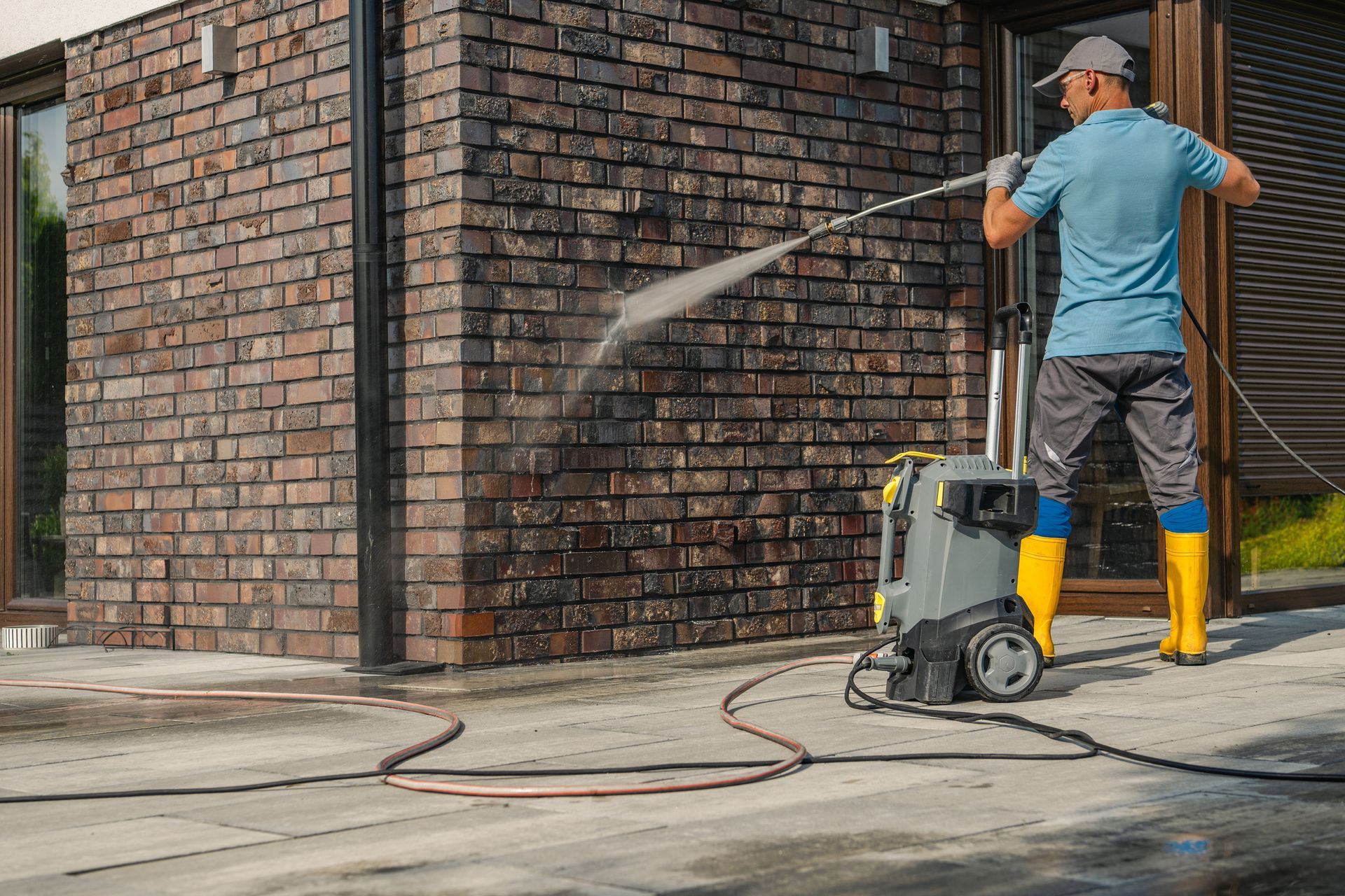 Worker pressure-washing a brick wall beside a house with a hose and washer on a driveway
