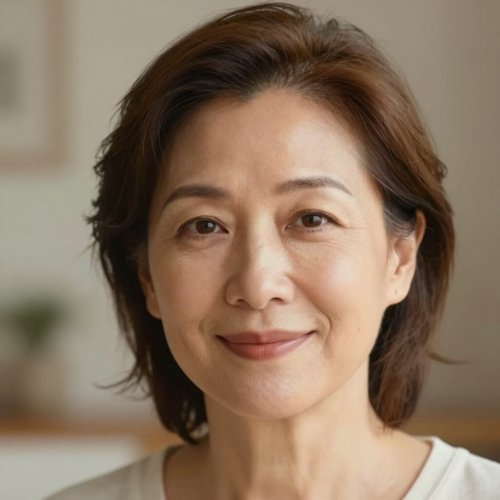Close-up portrait of a smiling person with short brown hair against a softly blurred indoor background