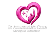 Pink heart logo with hands and sparkles, reading “St. Anastasia’s Care” and “Caring for Tomorrow”